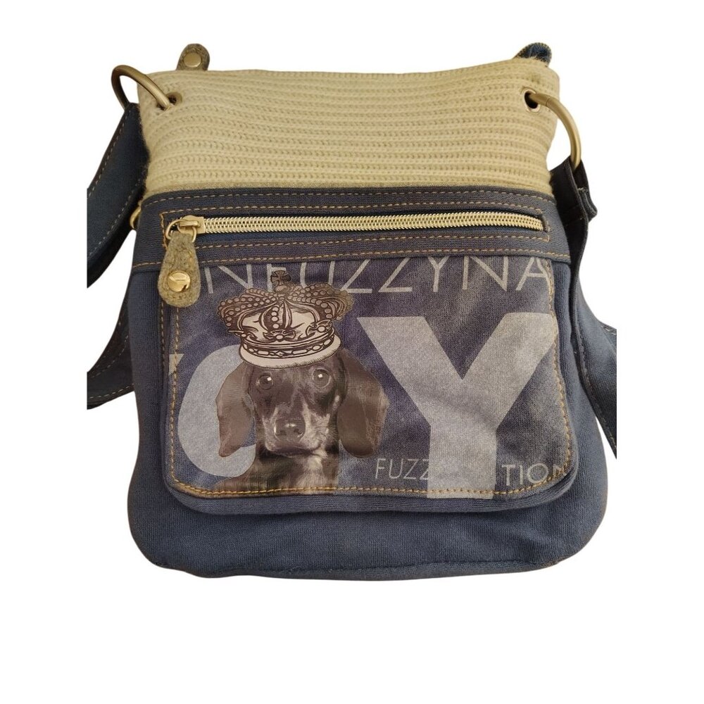 Fuzzy Nation Dachshund Crossbody Purse, Royalty Crown Gray Blue Cream Zip Close